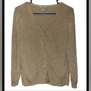 Loft Slinky Metallic Gold V Neck Long Sleeve Cardigan Shiny Sweater Size XL